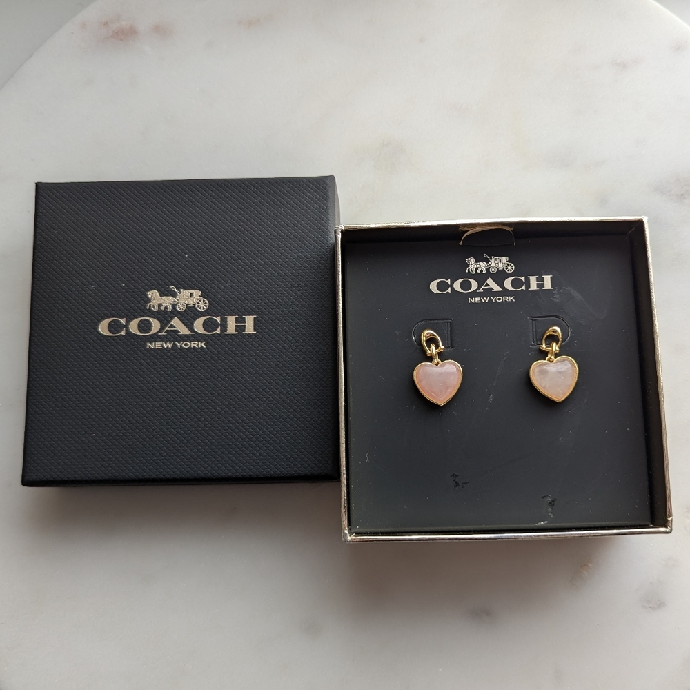 Coach Pink Rose Quartz Heart Gold Drop Earrings NWT